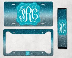 two monogrammed license plates with the letter m on them, one has a blue and white ombretta