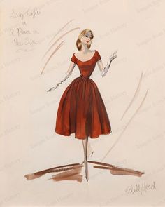 a drawing of a woman in a red dress with her hands on her hips,