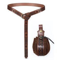 a brown leather belt with an intricate design on the side and a small pouch attached to it