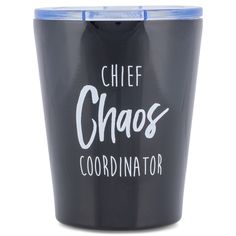 a black cup with the words chef chaos coordinates on it and a blue lid is shown