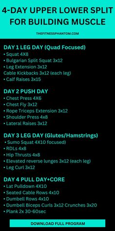 the 4 day upper lower body workout plan for building muscles is shown in blue and black