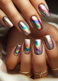 Galactic Glamour: These oil slick nails are like a cosmic collision of colors—iridescent, mesmerizing, and utterly dreamy. Aquatic Nails, Tropical Nail Designs, Pretty Fingers, Abstract Nail, Chrome Nails Designs, Tropical Nails, Mermaid Vibes, Spring Nail Trends, Abstract Nail Art