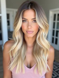 This long, wavy blonde hairstyle is perfect for October 2024. The dark roots add depth, while the buttery blonde tones flow seamlessly into voluminous waves. Ideal for those with oval-shaped faces, this look exudes a relaxed yet glamorous vibe, perfect for both casual and upscale fall outings. The soft waves frame the face beautifully, offering a fresh and radiant style for the season. Loose Wave Hair, Long Wavy Blonde Hair, Blonde Bun, Curly Mohawk, Buttery Blonde, Red Balayage, Blonde Wavy Hair, Brown Curls, Wavy Curls