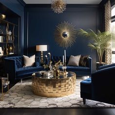 a living room with blue walls and gold accents