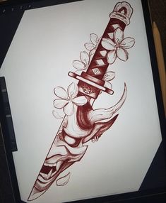 a drawing of a dagger with flowers on it and a skull in the center is shown