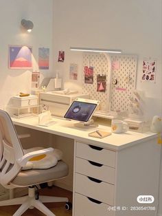 a white desk with a laptop on top of it