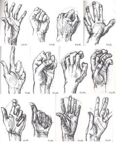 several different types of hands drawn in pencil