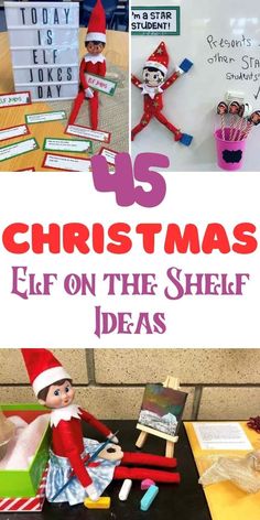 an elf is sitting on top of a desk with the words, us christmas elf on the shelf ideas