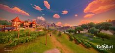 an animated image of a rural landscape with houses and trees