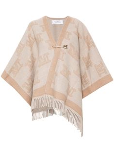 ecru light beige virgin wool brushed finish cape design monogram pattern contrasting border shawl collar fringe detailing open front Max Mara Jacket, Mantel Cape, Max Mara Coat, Cape Wrap, Cape Jacket, Wool Poncho, Wool Cape, Cape Coat, Jacquard Pattern