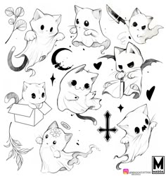 a bunch of cats that are drawn in black and white