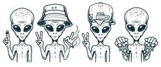 three aliens with hats on their heads and two hands in the air, one is holding up