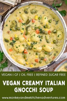 vegan creamy italian gnocchi soup in a white bowl with text overlay