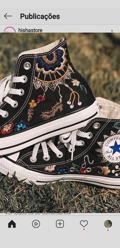 Vans Embroidery Diy, Shoe Embroidery Ideas, Painted Canvas Shoes, Denim Art, All Stars Converse