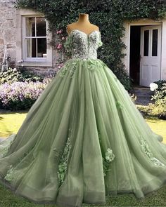 Princess Tiana Dress Sweet 16, Sage Quince, Sage Green Wedding Dress, Fairytale Costumes, Green Wedding Dress, Quinceanera Stuff, Xv Ideas