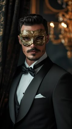 Enter the world of mystery and sophistication with this stunning masquerade look. Featuring a handcrafted golden mask paired with a sleek black tuxedo, this ensemble is your ticket to an evening of allure and timeless elegance. Get inspired for your next masquerade ball and captivate the crowd. #MasqueradeBall #MaskedElegance #TuxedoStyle #MensFormalWear #ElegantMasquerade Golden Mask Masquerade, Masquerade Mask Wedding, Men’s Masquerade Mask, Masquerade Male Outfit, Mascarade Party Outfit Men, Masquerade Tuxedo