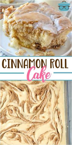 cinnamon roll cake with frosting on top