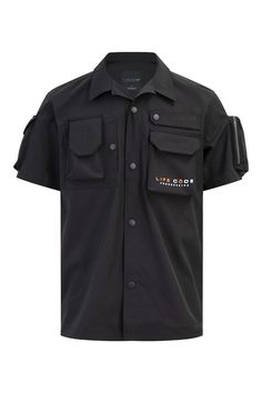 Black Functional Black Short Sleeve Shirt, Black Collared Short Sleeve Shirt With Pockets, Black Short Sleeve Techwear Shirt, Black Techwear Tops With Pockets, Casual Black Tops With Cargo Pockets, Black Collared Utility Top, Black Shirt With Pockets For Streetwear, Fitted Black Shirt With Pockets, Urban Black Button-up Top