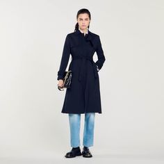 Trench coat with pleated inset Polo Coat, Blue Trench Coat, Sandro Paris, Trench Coats Women, Short Suit, Coat Pant, Press Studs, Cardigan Jacket, Tie Belt