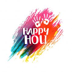 happy holi lettering on white background with colorful brush strokes and grungy effect