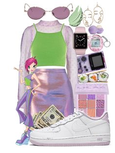 a fashion look from july 2012 featuring green crop top, purple skirt and nike air force 1 sneakers