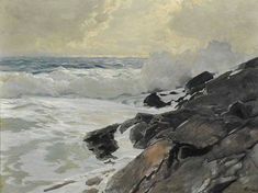 an oil painting of waves crashing on the rocky shore with rocks in foreground and cloudy sky above