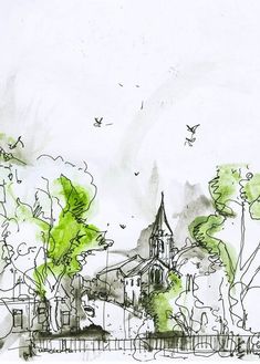 an ink drawing of a church surrounded by trees