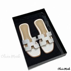 Olivia Mark - Flat Sandals with Non-Slip Soft Sole for Outdoor Wear White Slip-on Flats For Vacation, White Open Toe Slippers With Rubber Sole, White Flat Synthetic Mules, White Slide Mules With Cushioned Footbed, White Mules With Rubber Sole For Beach, White Mules With Textured Footbed And Round Toe, White Open Toe Mules With Rubber Sole, White Slip-on Flat Slippers, Cushioned Slip-on Flat Flip Flops