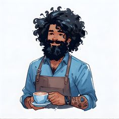 a man with long hair and beard holding a cup of coffee in his right hand