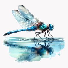 a blue dragonfly sitting on top of a body of water with its wings spread