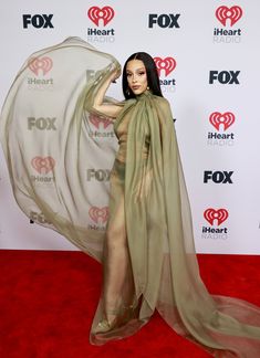 the woman is posing on the red carpet wearing a sheer green dress and shawl