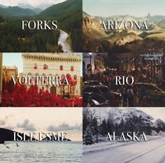 there are four different pictures with words in them that say alaska, volterra, rio, fiselesme, alaska