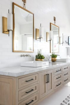 a bathroom with two sinks, mirrors and plants in the middle of the countertop