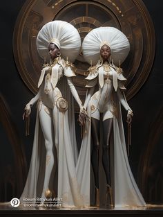 two women dressed in white and gold standing next to each other with large umbrellas on their heads