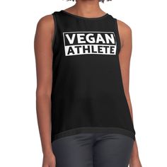 Women's sleeveless tank with vivid edge-to-edge sublimation print on front. Spliced materials for comfort. Front panel made from silky chiffon and solid color black or white jersey back. Sizes available XS- 2XL. This "Vegan Athlete" design is perfect for wearing while exercising, working out at the gym, or simply relaxing. Available on many different products, this vegan design would make a great gift for any plant-based athletes or vegan gym-goers in your life. Black Sleeveless Activewear With Graphic Print, Black Sleeveless Graphic Print Activewear, Sleeveless Graphic Print Athleisure Activewear, Sleeveless Graphic Print Athleisure Top, Sleeveless Tops With Graphic Print For Sports Events, Sleeveless Stretch Activewear With Graphic Print, Graphic Print Sleeveless Tops For Sports Events, Black Sleeveless Top For Sports Events, Vegan Athlete