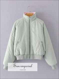 Women Green and Pink High Collar Long Sleeve Reversible Puffer Short Jacket Oversized Padded Coat Mint Green Jacket, Padded Jacket Women, Imperial Fashion, Fe Clothing, Clothes Stand, Reversible Coat, Padded Coat, Green Coat, Pink Outfits