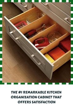 an open drawer with utensils in it and the words, the 1 remarkable kitchen organization cabinet that offers satisfaction