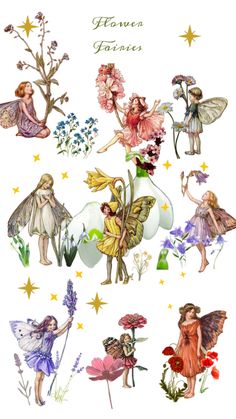 an assortment of fairy images with flowers and stars