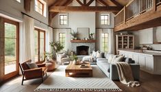 a living room filled with lots of furniture next to a fire place in a house