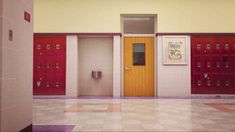 an empty hallway with red lockers and yellow door in the center is tiled floor