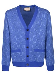 V-neck. Front button fastening. Long sleeves. Two pockets to the front. All-over GG motif. Ribbed trim. Knitted construction. Regular fit. Straight hem. Color: blue Made in Italy Material: 100% Wool Composition: 100% Wool Gucci Cardigan, Jacquard Cardigan, Cheap Gucci, Versace Outfit, Balenciaga Triple S, Nike Air Max 97, Blue Wool, Wool Cardigan, Stylish Men