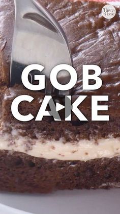 a close up of a piece of cake on a plate with the words gob cake