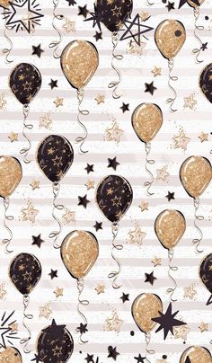 an image of balloons and stars on a white background with black and gold foiling