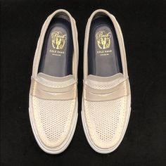 Brand New, Never Worn Casual Wingtip Slip-ons With Brogue Detailing, Casual Wingtip Slip-ons With Rubber Sole, White Casual Loafers For Business Casual, White Casual Business Loafers, Casual Wingtip Loafers With Textured Sole, Casual Wingtip Loafers With Cushioned Footbed, White Casual Loafers With Brogue Detailing, Casual White Loafers With Brogue Detailing, White Casual Moc Toe Moccasins