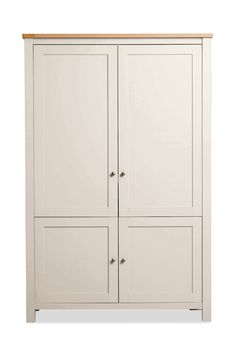 a white cabinet with two doors and three drawers on the bottom, in front of a white background