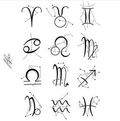 the zodiac signs are drawn in black ink and have different shapes, sizes, and colors