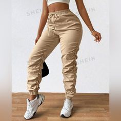 Shein Pleated Cuffed Jogger Pants *Drawstring Waist *Non-Stretch *Polyester *Khaki Size-Large Beige Drawstring Cargo Pants For Spring, Spring Khaki Drawstring Pants, Spring Khaki Pants With Drawstring, Casual Fitted Parachute Pants With Drawstring, Trendy Khaki Pants With Drawstring, Beige Stretch Pants With Drawstring, Cuffed Joggers, Shein Pants, Drawstring Pants