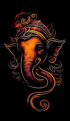 an elephant's head with swirly hair and eyes painted in orange on black