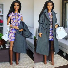 two barbie dolls dressed in clothes and holding purses, standing next to each other