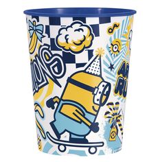 a blue and yellow paper cup with a cartoon character design on it, sitting in front of a white background